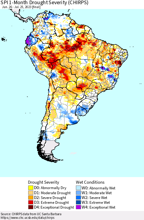 South America SPI 1-Month Drought Severity (CHIRPS) Thematic Map For 6/26/2023 - 7/25/2023
