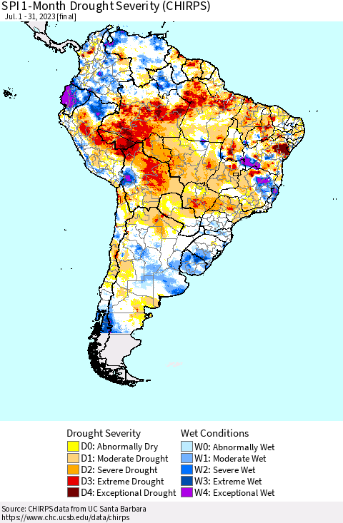 South America SPI 1-Month Drought Severity (CHIRPS) Thematic Map For 7/1/2023 - 7/31/2023