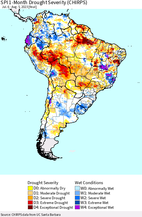 South America SPI 1-Month Drought Severity (CHIRPS) Thematic Map For 7/6/2023 - 8/5/2023
