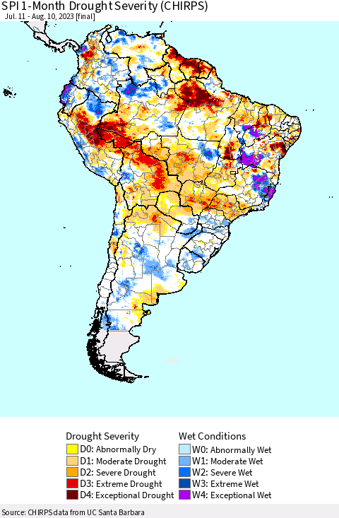 South America SPI 1-Month Drought Severity (CHIRPS) Thematic Map For 7/11/2023 - 8/10/2023
