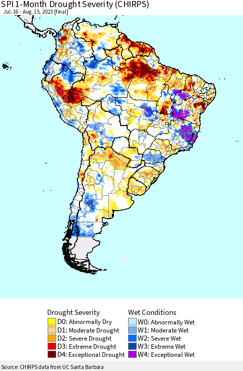 South America SPI 1-Month Drought Severity (CHIRPS) Thematic Map For 7/16/2023 - 8/15/2023