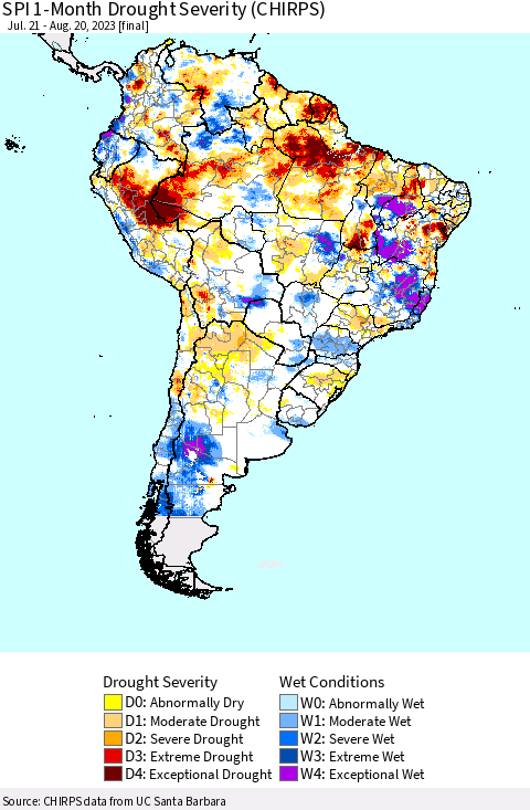 South America SPI 1-Month Drought Severity (CHIRPS) Thematic Map For 7/21/2023 - 8/20/2023