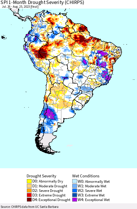 South America SPI 1-Month Drought Severity (CHIRPS) Thematic Map For 7/26/2023 - 8/25/2023