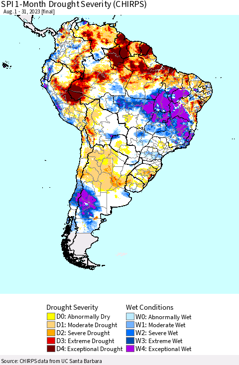 South America SPI 1-Month Drought Severity (CHIRPS) Thematic Map For 8/1/2023 - 8/31/2023