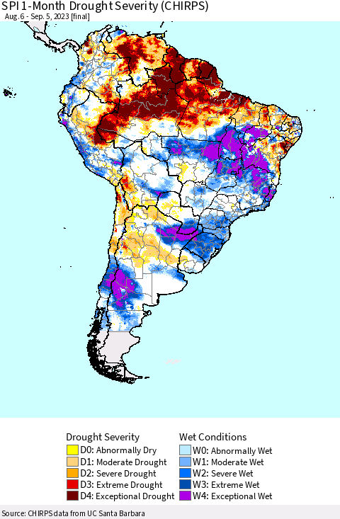 South America SPI 1-Month Drought Severity (CHIRPS) Thematic Map For 8/6/2023 - 9/5/2023