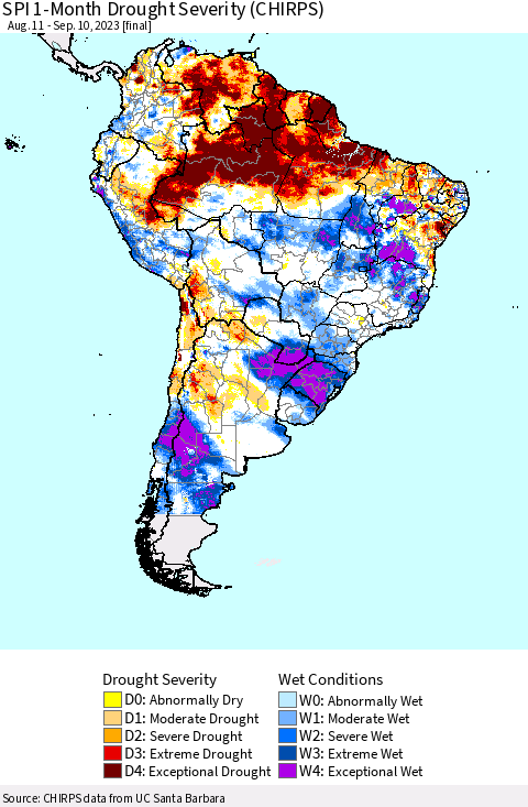 South America SPI 1-Month Drought Severity (CHIRPS) Thematic Map For 8/11/2023 - 9/10/2023