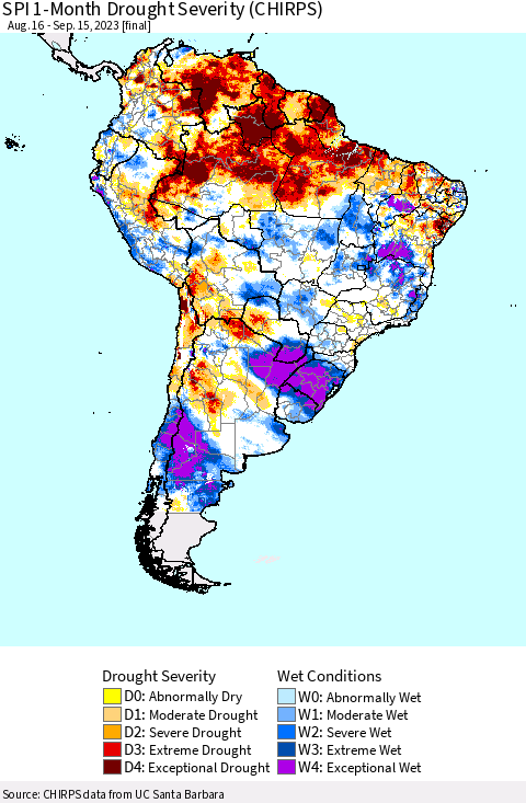 South America SPI 1-Month Drought Severity (CHIRPS) Thematic Map For 8/16/2023 - 9/15/2023