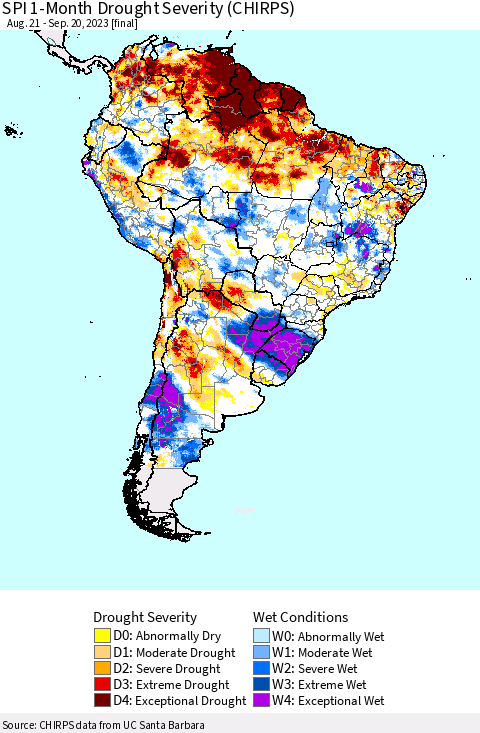 South America SPI 1-Month Drought Severity (CHIRPS) Thematic Map For 8/21/2023 - 9/20/2023