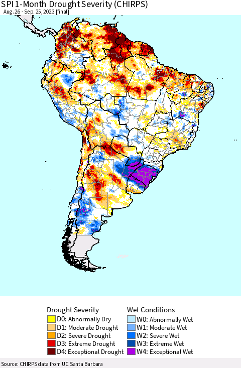 South America SPI 1-Month Drought Severity (CHIRPS) Thematic Map For 8/26/2023 - 9/25/2023