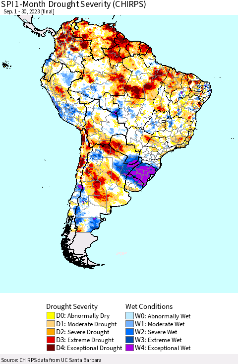 South America SPI 1-Month Drought Severity (CHIRPS) Thematic Map For 9/1/2023 - 9/30/2023