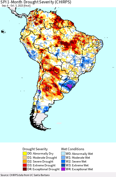 South America SPI 1-Month Drought Severity (CHIRPS) Thematic Map For 9/6/2023 - 10/5/2023