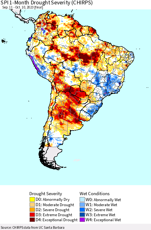South America SPI 1-Month Drought Severity (CHIRPS) Thematic Map For 9/11/2023 - 10/10/2023