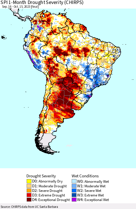 South America SPI 1-Month Drought Severity (CHIRPS) Thematic Map For 9/16/2023 - 10/15/2023