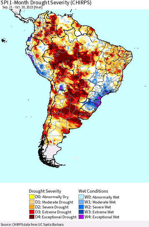 South America SPI 1-Month Drought Severity (CHIRPS) Thematic Map For 9/21/2023 - 10/20/2023