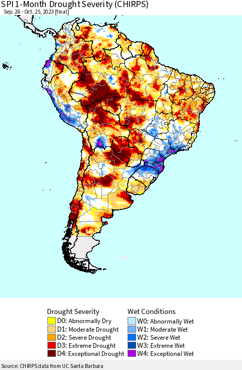 South America SPI 1-Month Drought Severity (CHIRPS) Thematic Map For 9/26/2023 - 10/25/2023