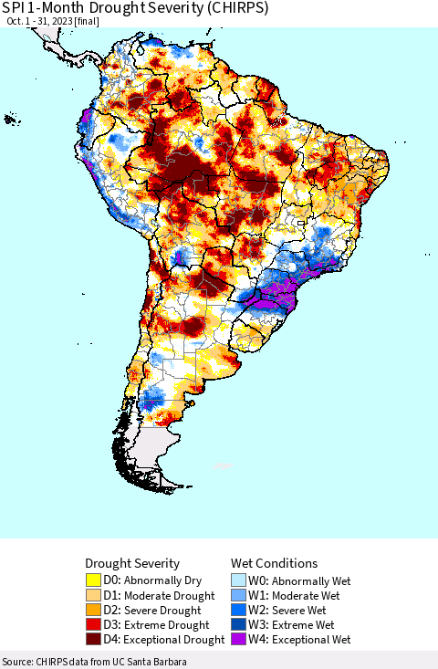 South America SPI 1-Month Drought Severity (CHIRPS) Thematic Map For 10/1/2023 - 10/31/2023
