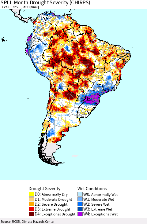 South America SPI 1-Month Drought Severity (CHIRPS) Thematic Map For 10/6/2023 - 11/5/2023