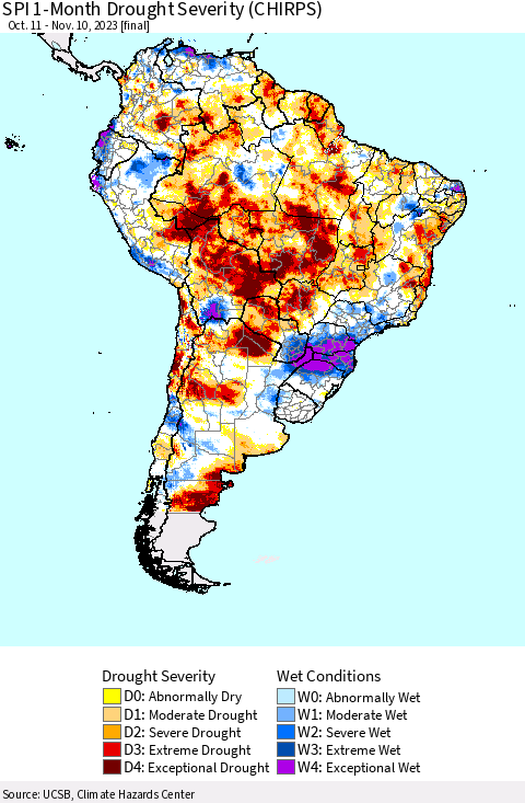 South America SPI 1-Month Drought Severity (CHIRPS) Thematic Map For 10/11/2023 - 11/10/2023