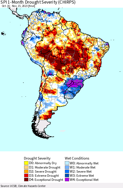 South America SPI 1-Month Drought Severity (CHIRPS) Thematic Map For 10/16/2023 - 11/15/2023