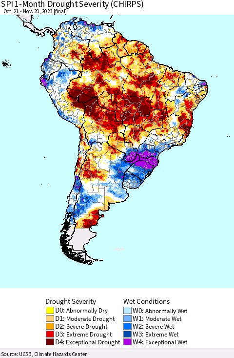 South America SPI 1-Month Drought Severity (CHIRPS) Thematic Map For 10/21/2023 - 11/20/2023