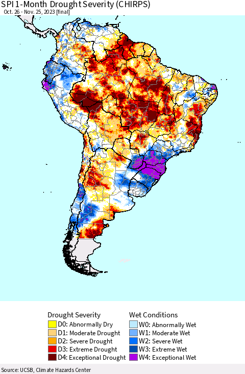 South America SPI 1-Month Drought Severity (CHIRPS) Thematic Map For 10/26/2023 - 11/25/2023