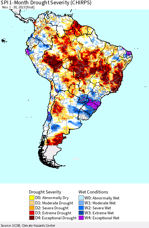 South America SPI 1-Month Drought Severity (CHIRPS) Thematic Map For 11/1/2023 - 11/30/2023
