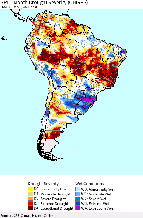 South America SPI 1-Month Drought Severity (CHIRPS) Thematic Map For 11/6/2023 - 12/5/2023