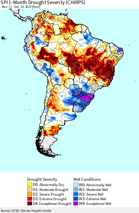 South America SPI 1-Month Drought Severity (CHIRPS) Thematic Map For 11/11/2023 - 12/10/2023