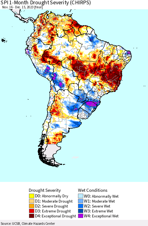 South America SPI 1-Month Drought Severity (CHIRPS) Thematic Map For 11/16/2023 - 12/15/2023