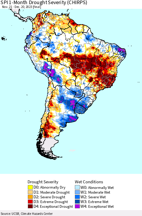 South America SPI 1-Month Drought Severity (CHIRPS) Thematic Map For 11/21/2023 - 12/20/2023