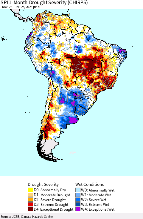 South America SPI 1-Month Drought Severity (CHIRPS) Thematic Map For 11/26/2023 - 12/25/2023