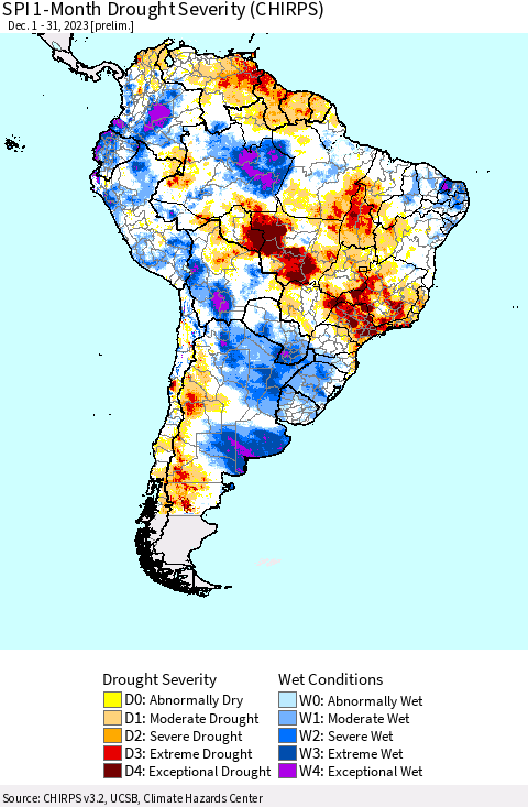South America SPI 1-Month Drought Severity (CHIRPS) Thematic Map For 12/1/2023 - 12/31/2023