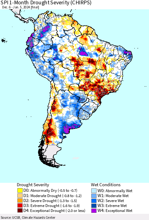 South America SPI 1-Month Drought Severity (CHIRPS) Thematic Map For 12/6/2023 - 1/5/2024