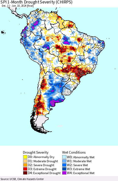 South America SPI 1-Month Drought Severity (CHIRPS) Thematic Map For 12/11/2023 - 1/10/2024