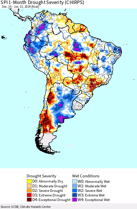 South America SPI 1-Month Drought Severity (CHIRPS) Thematic Map For 12/16/2023 - 1/15/2024