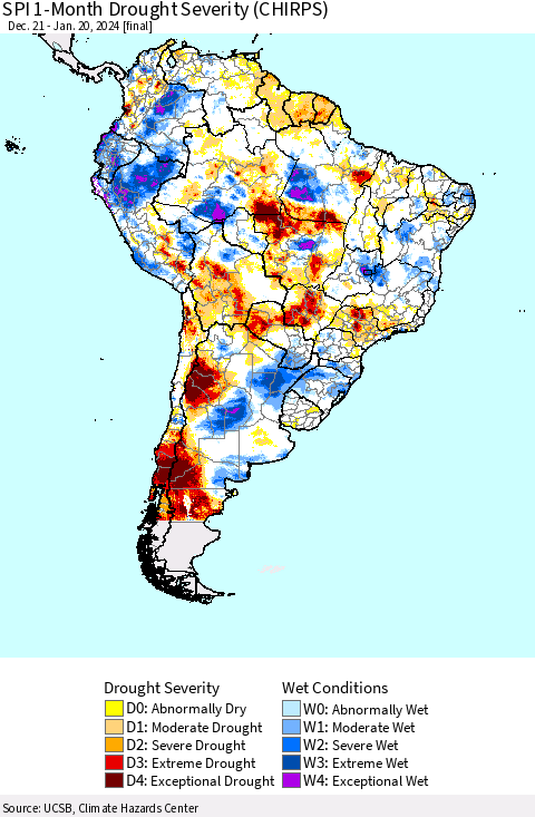 South America SPI 1-Month Drought Severity (CHIRPS) Thematic Map For 12/21/2023 - 1/20/2024