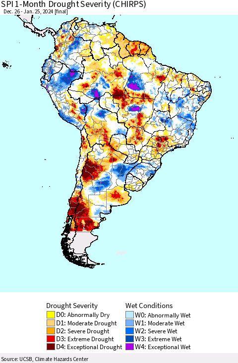 South America SPI 1-Month Drought Severity (CHIRPS) Thematic Map For 12/26/2023 - 1/25/2024