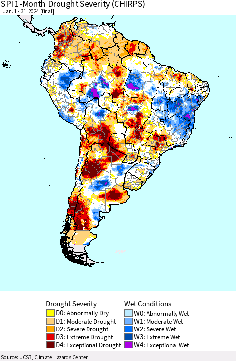 South America SPI 1-Month Drought Severity (CHIRPS) Thematic Map For 1/1/2024 - 1/31/2024