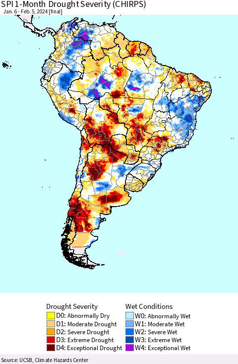 South America SPI 1-Month Drought Severity (CHIRPS) Thematic Map For 1/6/2024 - 2/5/2024