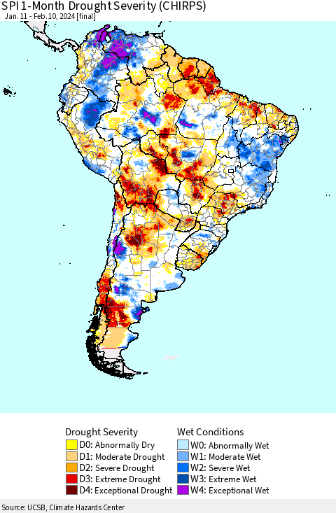 South America SPI 1-Month Drought Severity (CHIRPS) Thematic Map For 1/11/2024 - 2/10/2024