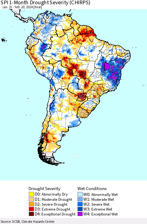 South America SPI 1-Month Drought Severity (CHIRPS) Thematic Map For 1/21/2024 - 2/20/2024