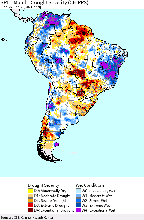 South America SPI 1-Month Drought Severity (CHIRPS) Thematic Map For 1/26/2024 - 2/25/2024