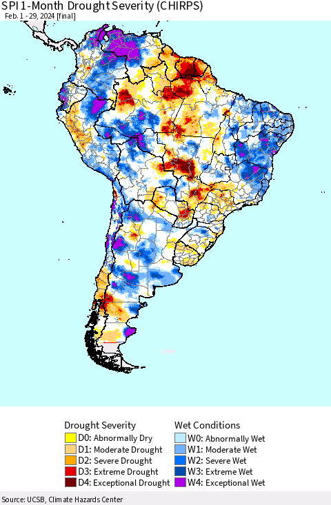 South America SPI 1-Month Drought Severity (CHIRPS) Thematic Map For 2/1/2024 - 2/29/2024