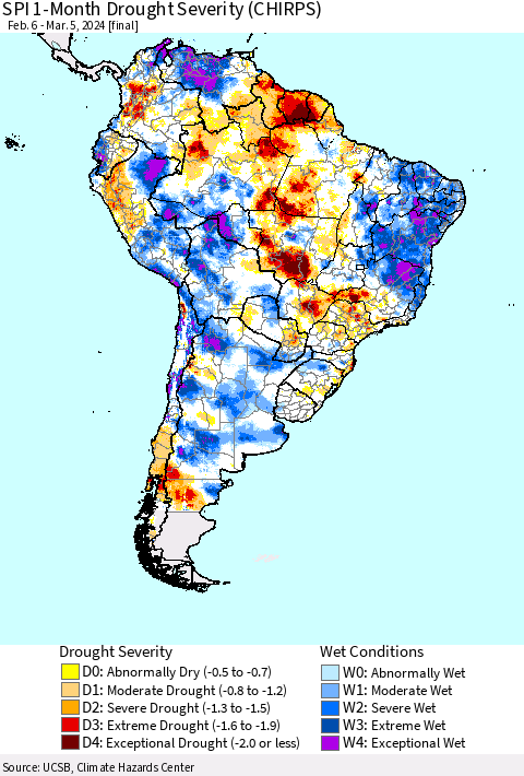 South America SPI 1-Month Drought Severity (CHIRPS) Thematic Map For 2/6/2024 - 3/5/2024
