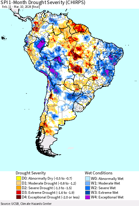South America SPI 1-Month Drought Severity (CHIRPS) Thematic Map For 2/11/2024 - 3/10/2024