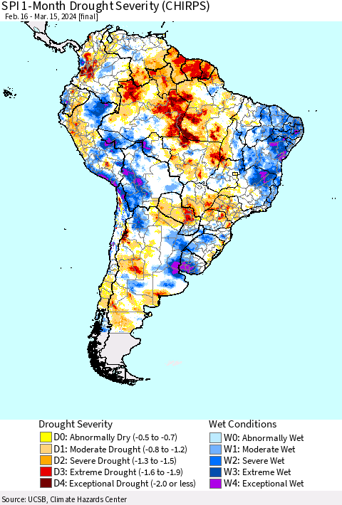 South America SPI 1-Month Drought Severity (CHIRPS) Thematic Map For 2/16/2024 - 3/15/2024
