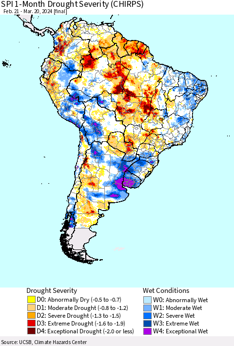 South America SPI 1-Month Drought Severity (CHIRPS) Thematic Map For 2/21/2024 - 3/20/2024