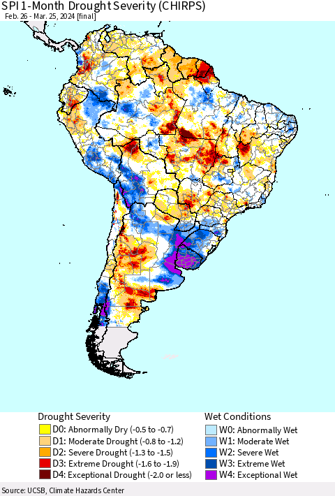South America SPI 1-Month Drought Severity (CHIRPS) Thematic Map For 2/26/2024 - 3/25/2024