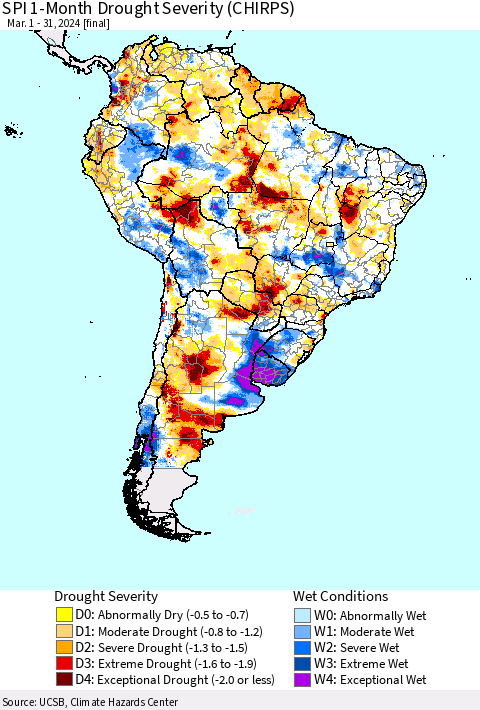 South America SPI 1-Month Drought Severity (CHIRPS) Thematic Map For 3/1/2024 - 3/31/2024