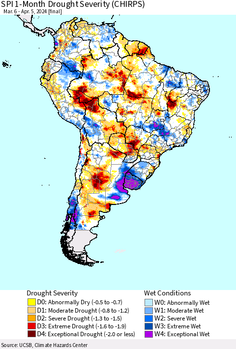 South America SPI 1-Month Drought Severity (CHIRPS) Thematic Map For 3/6/2024 - 4/5/2024
